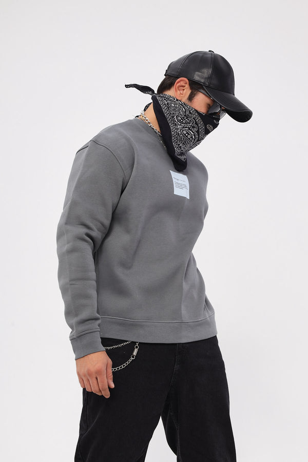 Bisiklet Yaka İçi Polar Syzygy Yazı Baskılı Füme Oversize Sweatshirt