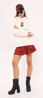 Beyaz Kapüşonlu Puantiyeli Ayıcık Baskılı Oversize Unisex Sweatshirt