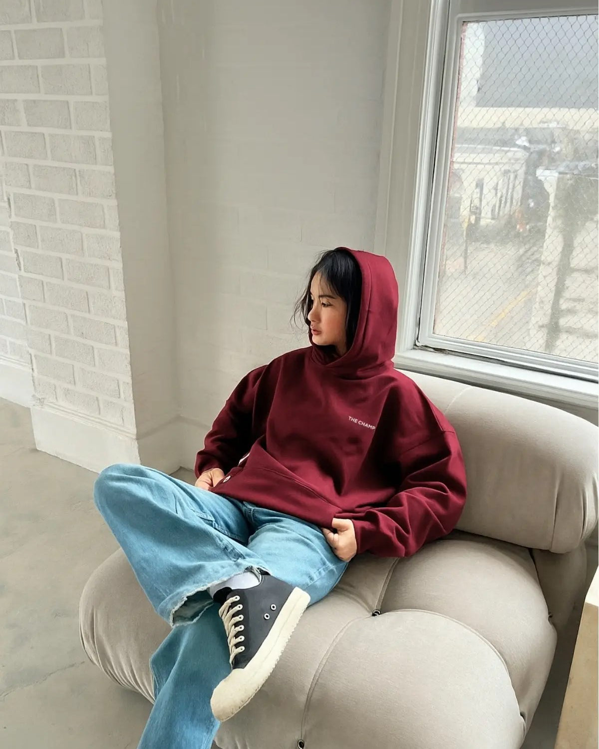 Every Thing Is Fine Baskılı Unisex Bordo Kapüşonlu Sweatshirt – 3 İplik Şardonlu Kumaş