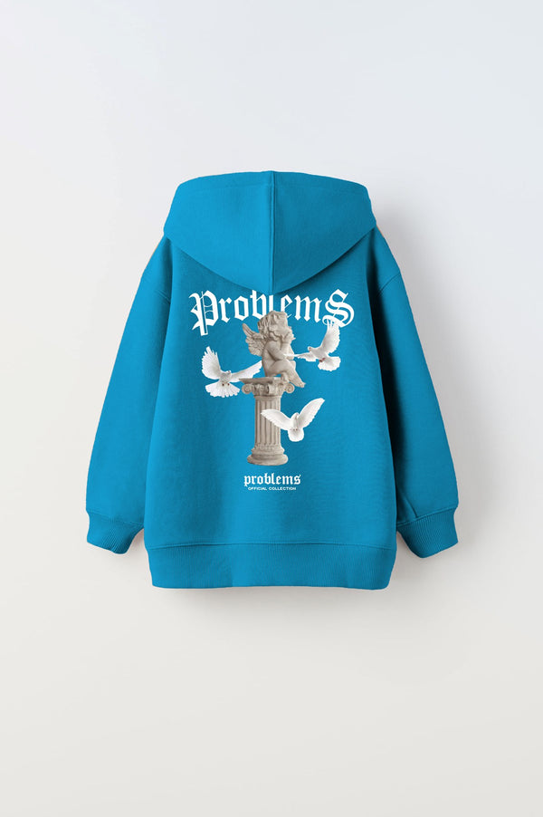 Kapüşonlu İçi Polar Problems Yazılı Heykel Baskılı Mavi Unisex Çocuk Hoodie Sweatshirt