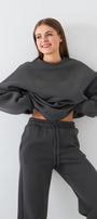 Unisex Oversize Sweatshirt Basic Füme – Bisiklet Yaka, 3 İplik Şardonlu Polar