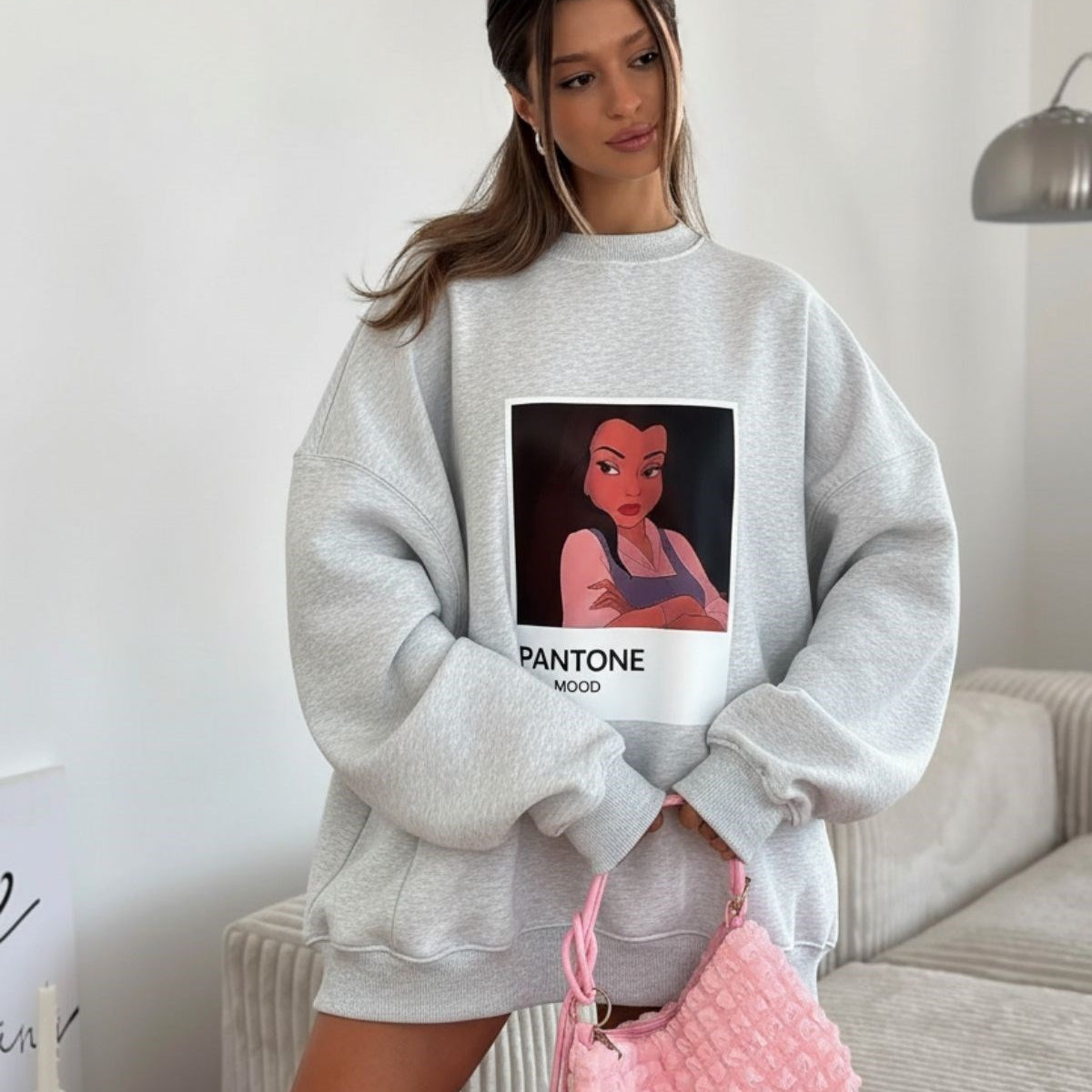 Kadın Oversize Sweat Elbise Gri Melanj - 3 İplik Şardonlu, Bisiklet Yaka, Pantone - prenses baskılı