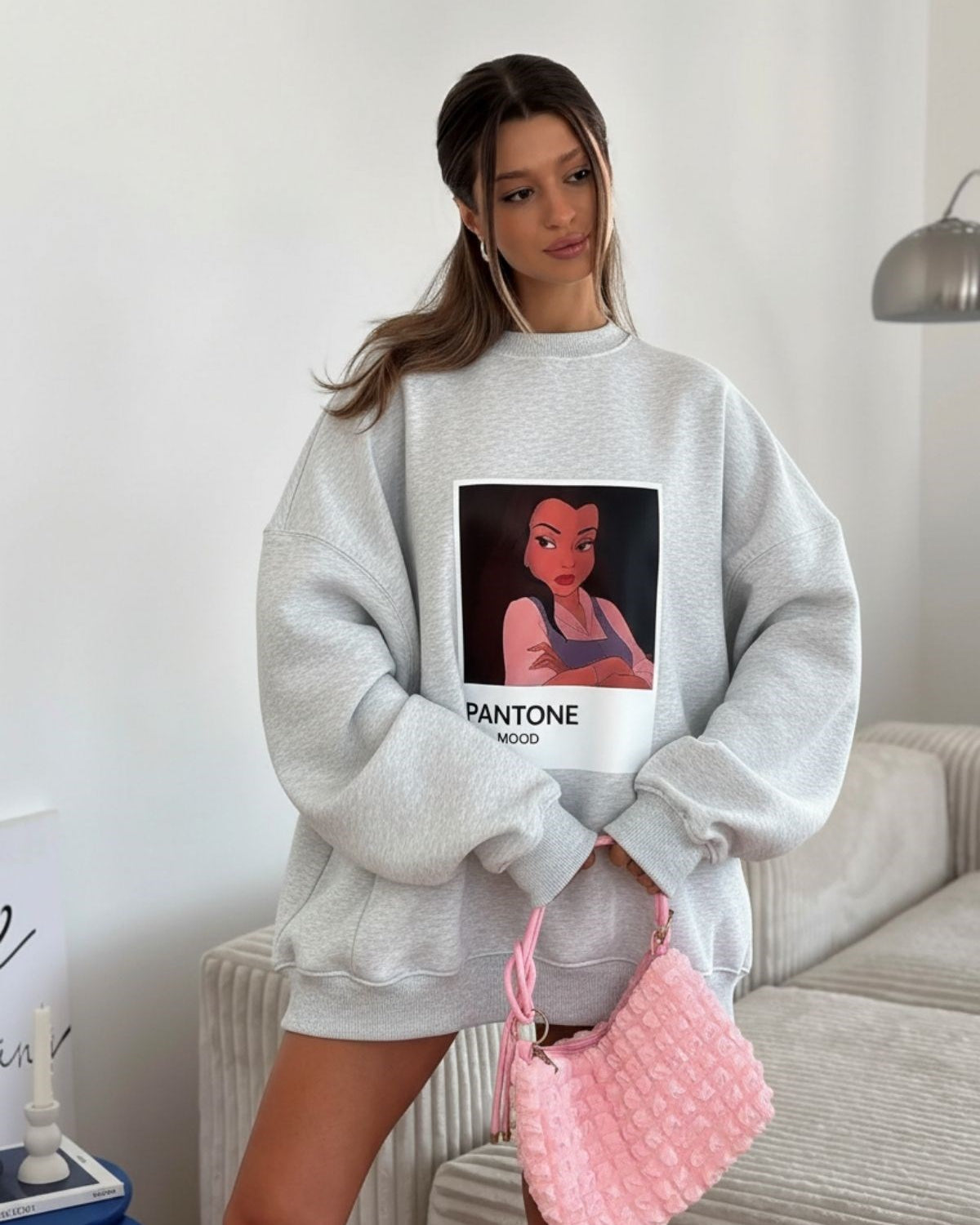 Kadın Oversize Sweat Elbise Gri Melanj - 3 İplik Şardonlu, Bisiklet Yaka, Pantone - prenses baskılı