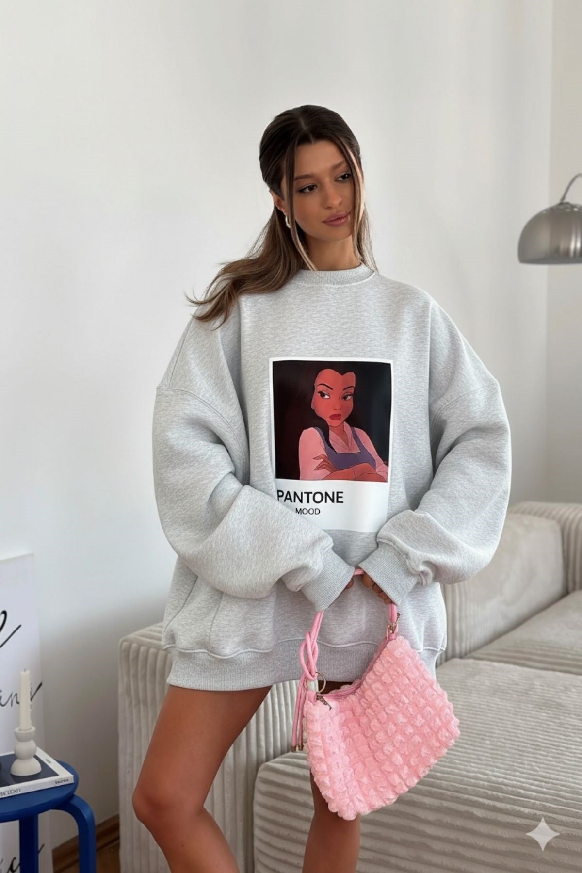 Kadın Oversize Sweat Elbise Gri Melanj - 3 İplik Şardonlu, Bisiklet Yaka, Pantone - prenses baskılı