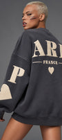 Kadın Oversize Sweatshirt Paris 3D Baskılı Füme – Bisiklet Yaka, Kol ve Sırt Baskılı, 3 İplik 