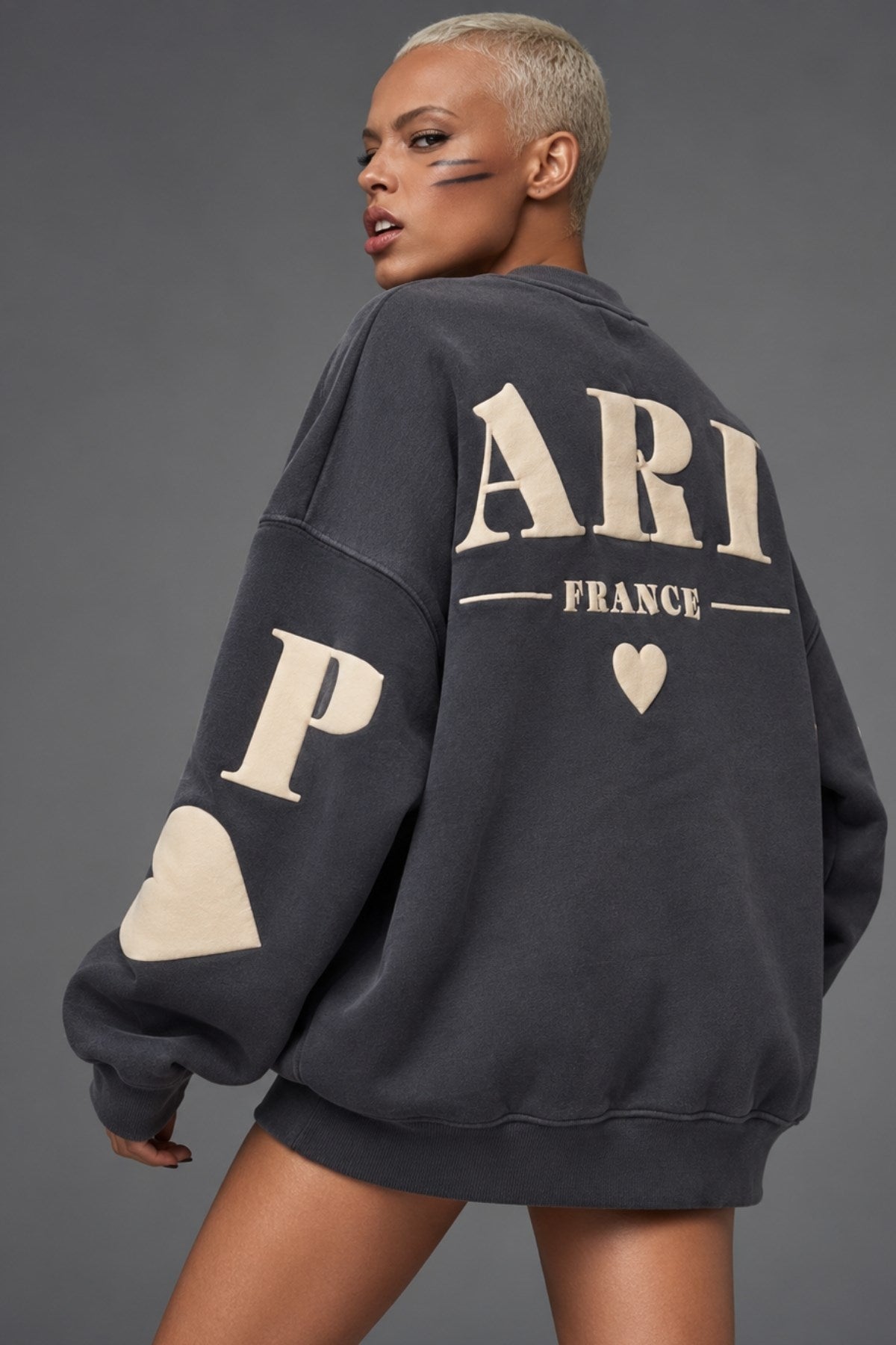 Kadın Oversize Sweatshirt Paris 3D Baskılı Füme – Bisiklet Yaka, Kol ve Sırt Baskılı, 3 İplik 
