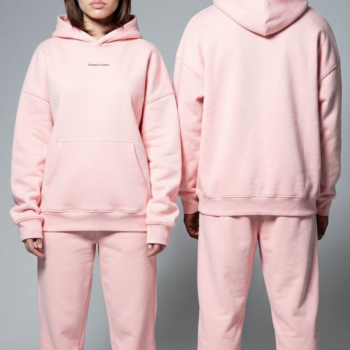 Unisex Oversize Eşofman Takımı Champ & Leisure Baskılı A Pembe–Kapüşonlu Üst, Lastikli Alt