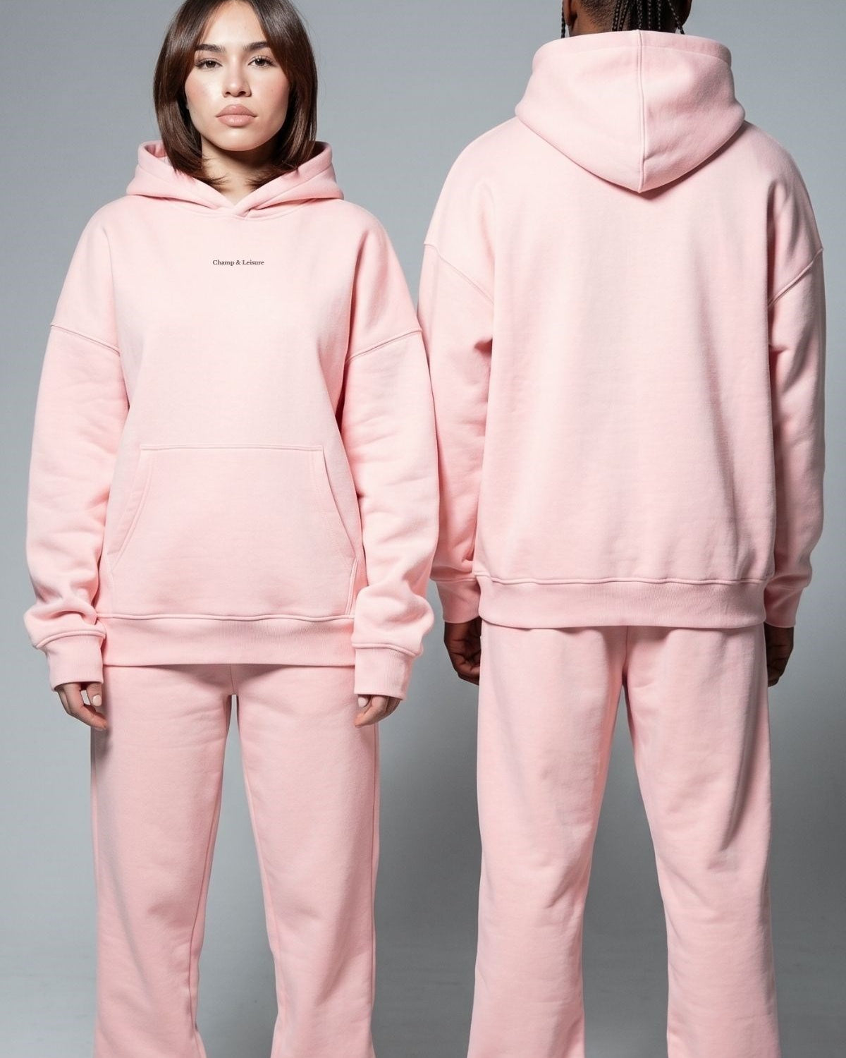 Unisex Oversize Eşofman Takımı Champ & Leisure Baskılı A Pembe–Kapüşonlu Üst, Lastikli Alt