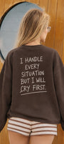 Kadın Relaxed Fit Sweatshirt Cry First Baskılı Kahverengi – Bisiklet Yaka, 3 İplik Şardonsuz