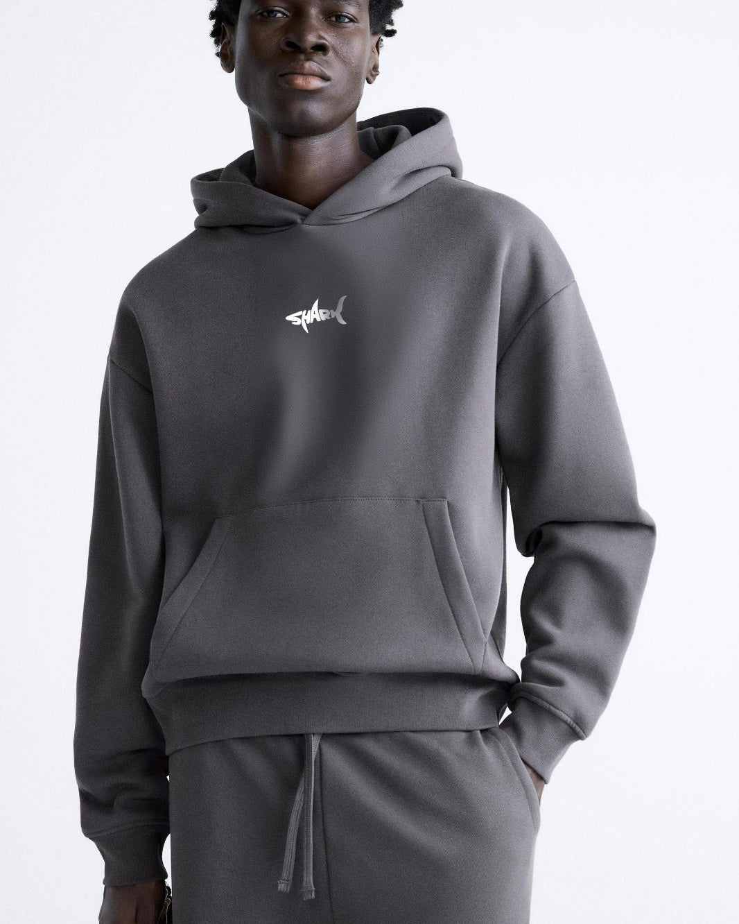 Kapüşonlu İçi Polar Shark Baskılı Füme Oversize Hoodie Sweatshirt