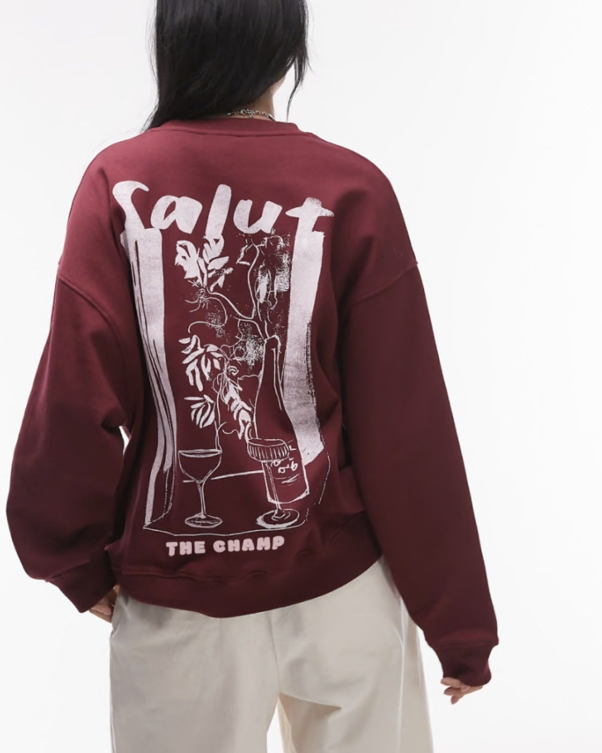 Oversize Unisex Sweatshirt Bordo – 3 İplik Şardonlu Polar Kumaş, Bisiklet Yaka, Salut Arka Baskılı