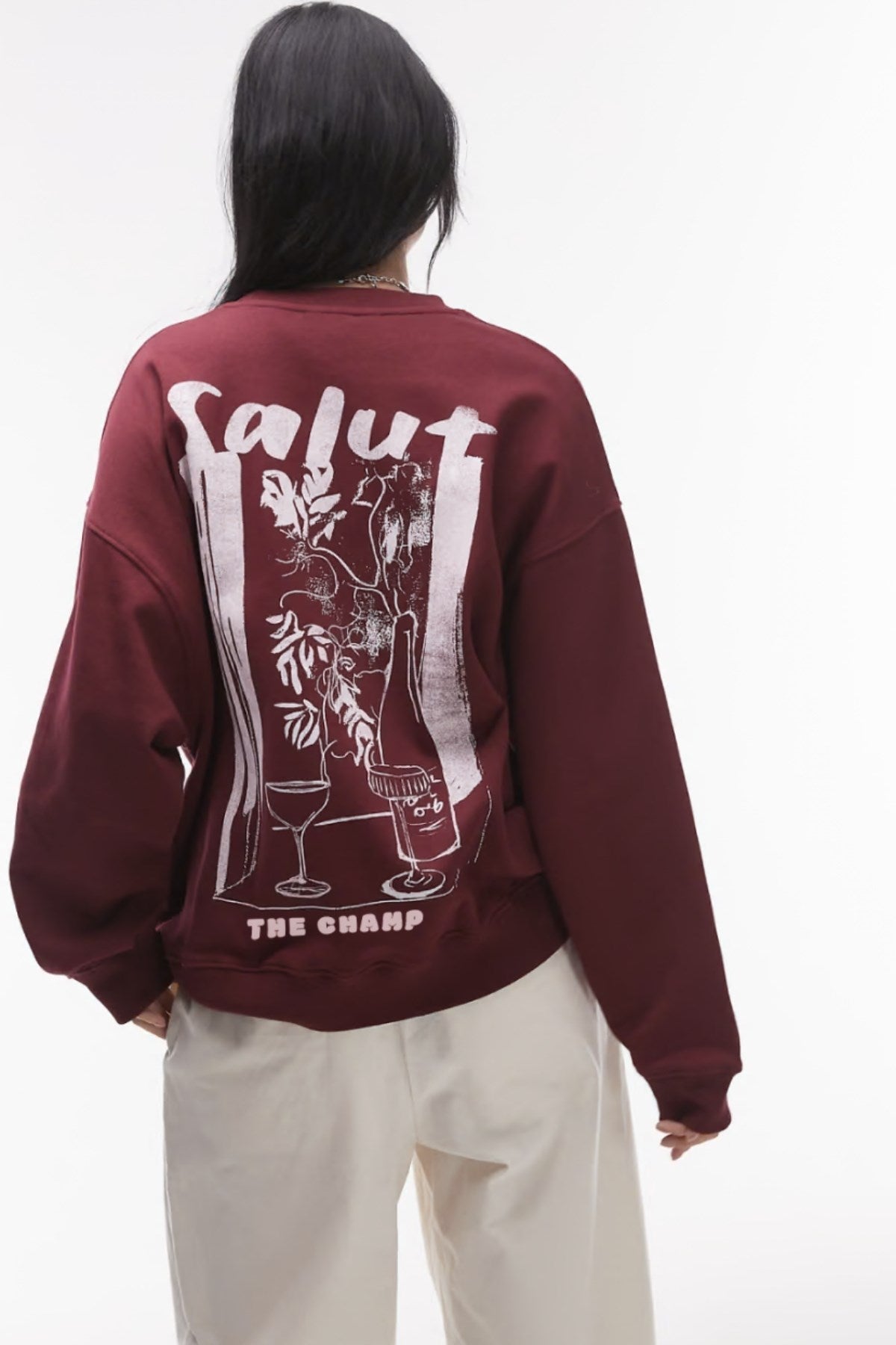 Oversize Unisex Sweatshirt Bordo – 3 İplik Şardonlu Polar Kumaş, Bisiklet Yaka, Salut Arka Baskılı