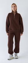 Unisex Oversize Eşofman Takımı Basic Kahverengi – Fermuarlı Dik Yaka, Lastikli Paça, 3 İplik Polar