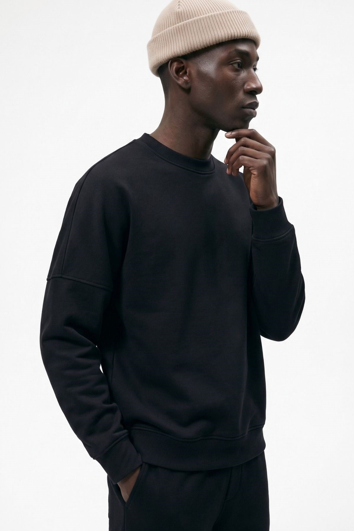 Erkek Oversize Sweatshirt Perspectiv Baskılı Siyah – Bisiklet Yaka, 3 İplik Şardonlu Polar