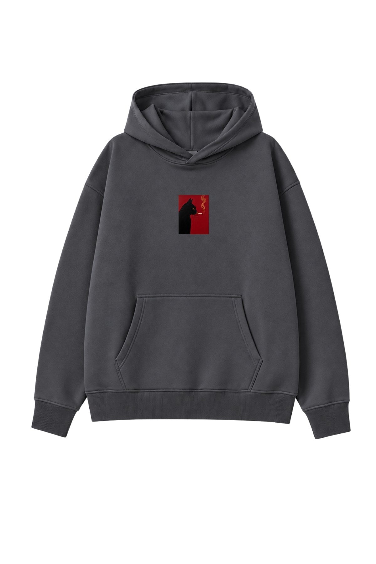 Kadın Oversize Hoodie Noir Cat Baskılı Füme – Kapüşonlu, Kanguru Cepli, 3 İplik Şardonlu Polar