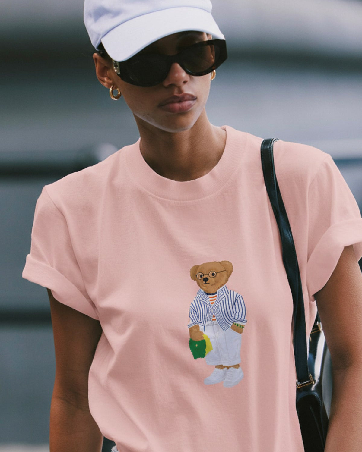 Kadın Oversize Tişört Bambino Bear Baskılı Pembe – Bisiklet Yaka, Rahat Kalıp, %100 Pamuk