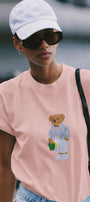 Kadın Oversize Tişört Bambino Bear Baskılı Pembe – Bisiklet Yaka, Rahat Kalıp, %100 Pamuk