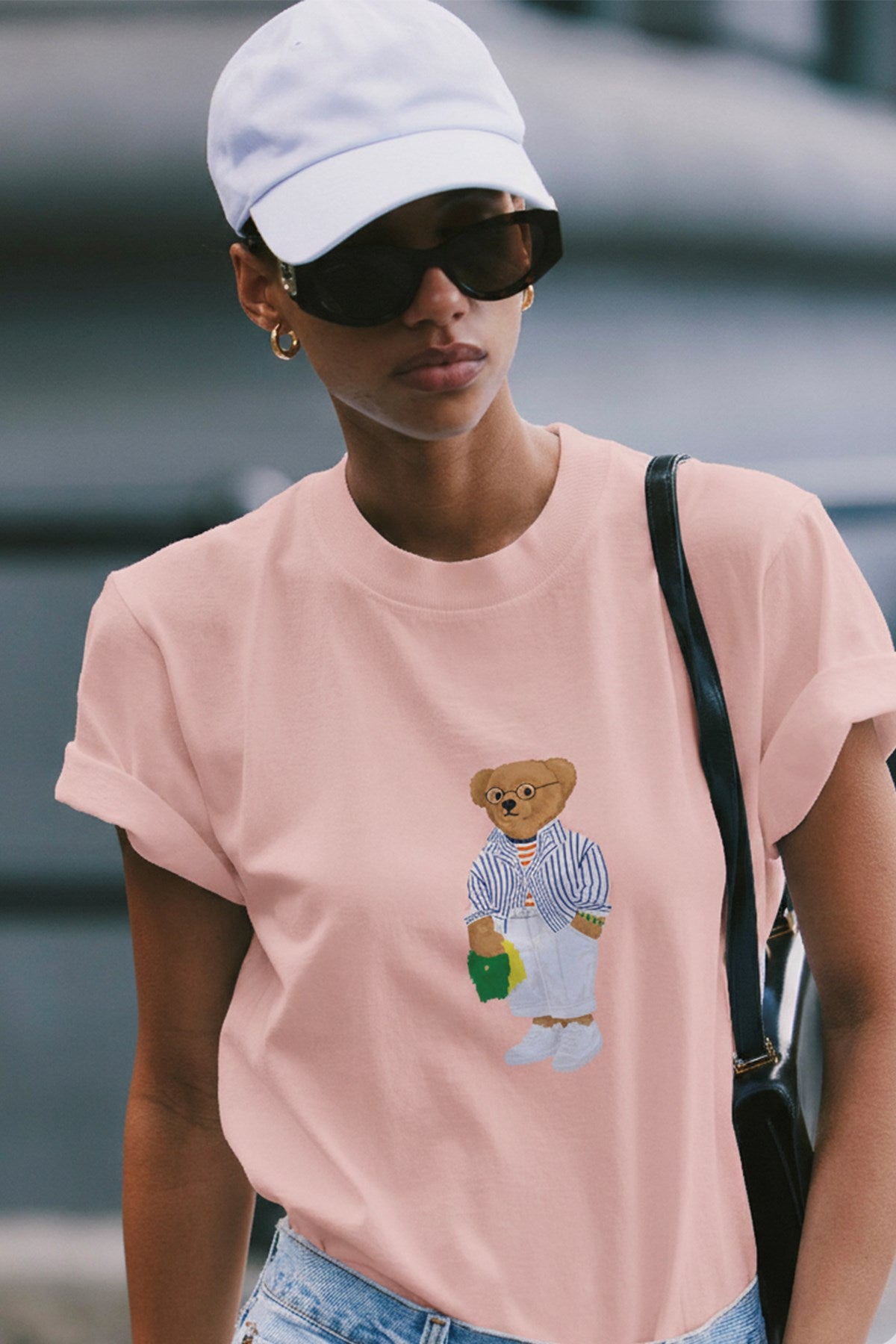 Kadın Oversize Tişört Bambino Bear Baskılı Pembe – Bisiklet Yaka, Rahat Kalıp, %100 Pamuk