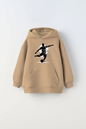 Bej Kapüşonlu İçi Polar Futbolcu Baskılı Unisex Çocuk Sweatshirt