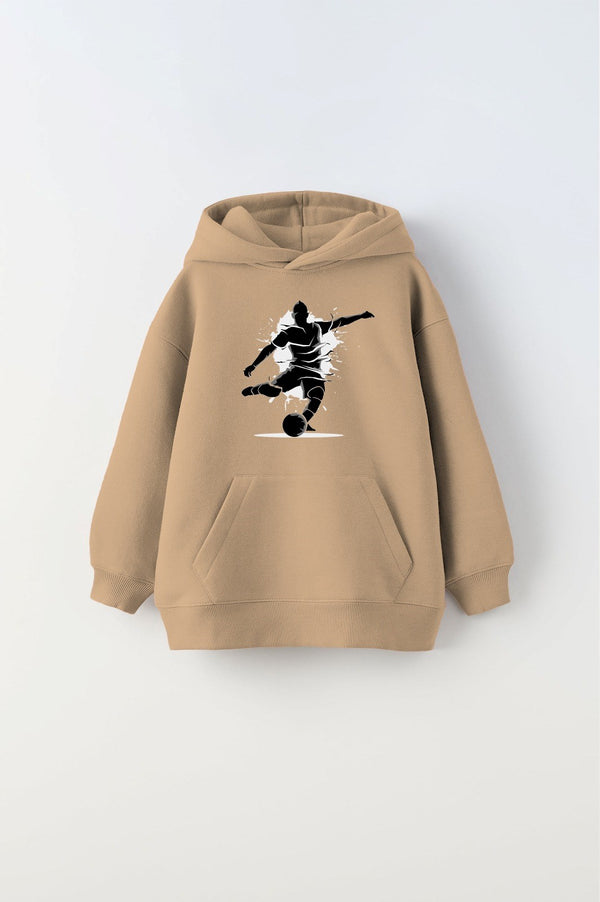 Bej Kapüşonlu İçi Polar Futbolcu Baskılı Unisex Çocuk Sweatshirt