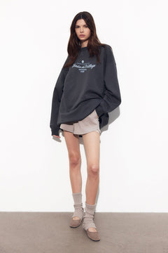 Kadın Füme Bisiklet Yaka İçi Polar Jardin Du Village Yazı Baskılı Oversize Sweatshirt