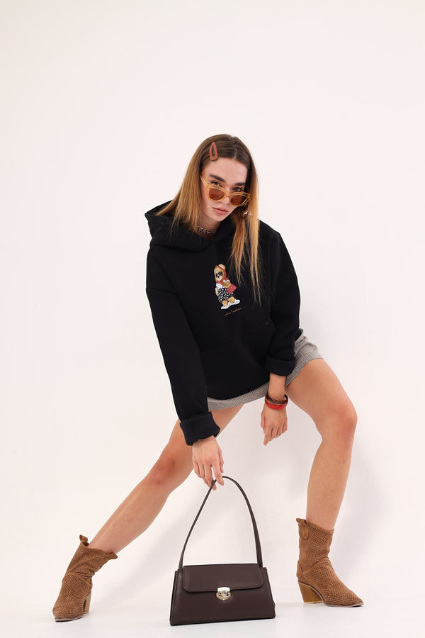 Siyah Kapüşonlu Puantiyeli Ayıcık Baskılı Oversize Unisex Sweatshirt