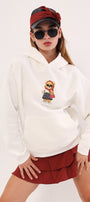 Beyaz Kapüşonlu Puantiyeli Ayıcık Baskılı Oversize Unisex Sweatshirt