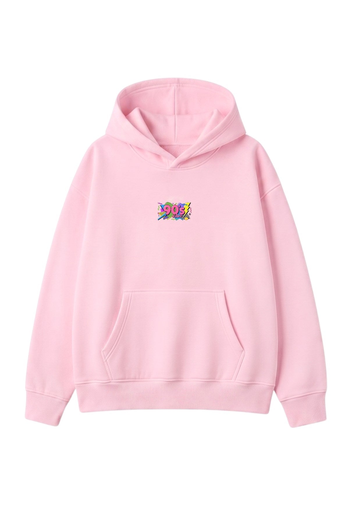 Kadın Oversize Hoodie 90’s Vibe Baskılı Pembe - Kapüşonlu, Kanguru Cepli, 3 İplik Polar