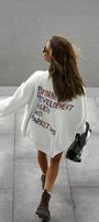 Kadın Oversize Sweatshirt Elbise Color Pop Baskılı Beyaz – Bisiklet Yaka, 3 İplik Şardonlu Polar