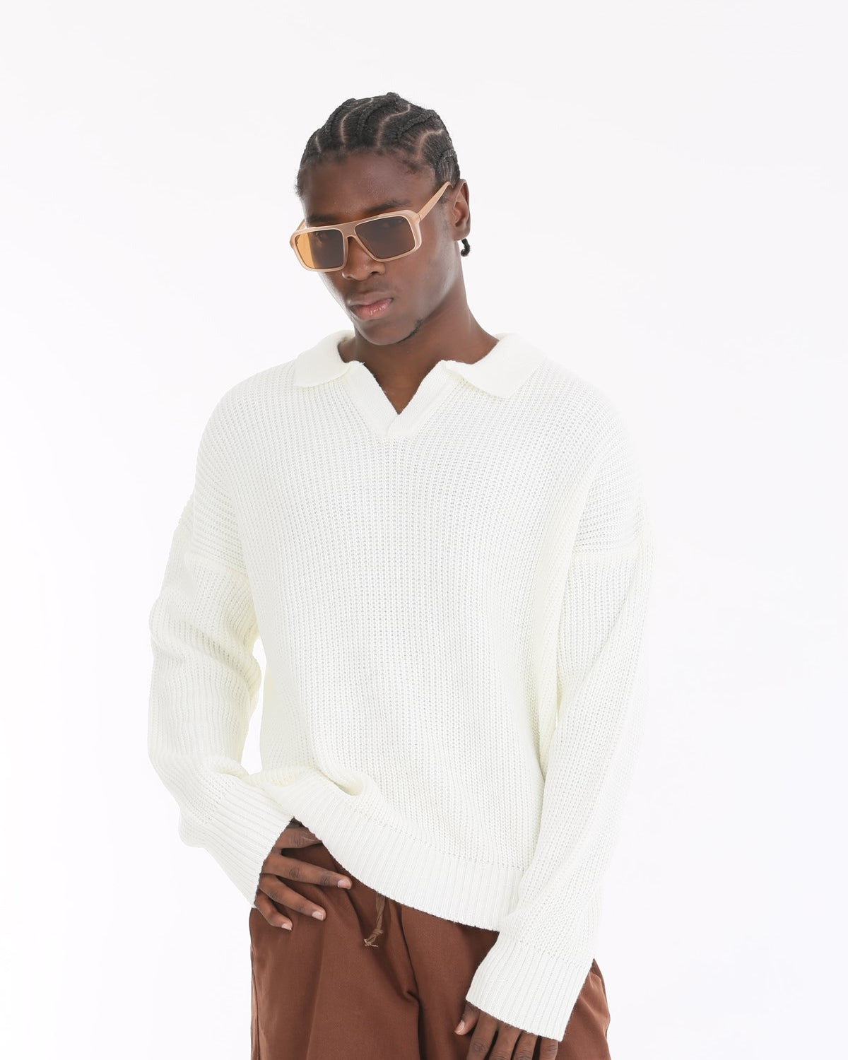 Polo Yaka Örme Triko Fitilli Beyaz Oversize Erkek Kazak