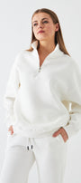 Unisex Oversize Sweatshirt Basic Beyaz – Yarım Fermuar Dik Yaka, 3 İplik Şardonlu Polar