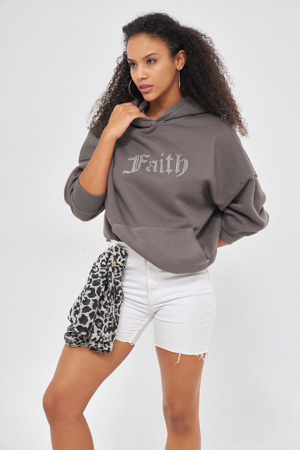 Faith Yazılı Taş Baskılı Kapüşonlu İçi Polar Oversize Füme Sweatshirt