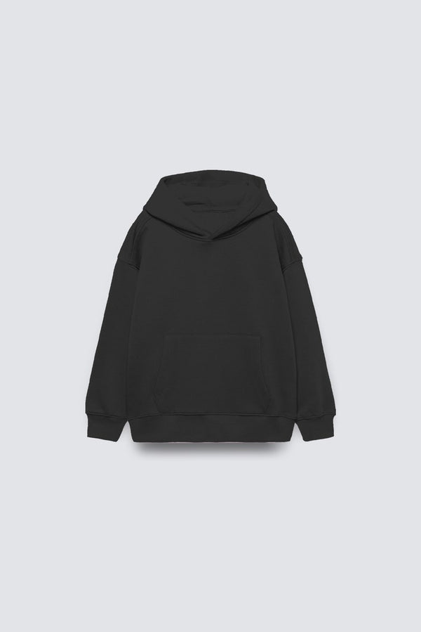 Siyah Basic Çocuk Kapüşonlu Kanguru Cep Detaylı İçi Polar Oversize Sweatshirt