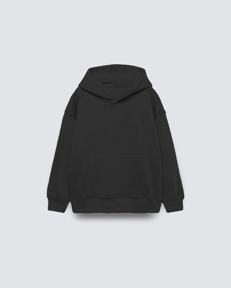 Siyah Basic Çocuk Kapüşonlu Kanguru Cep Detaylı İçi Polar Oversize Sweatshirt