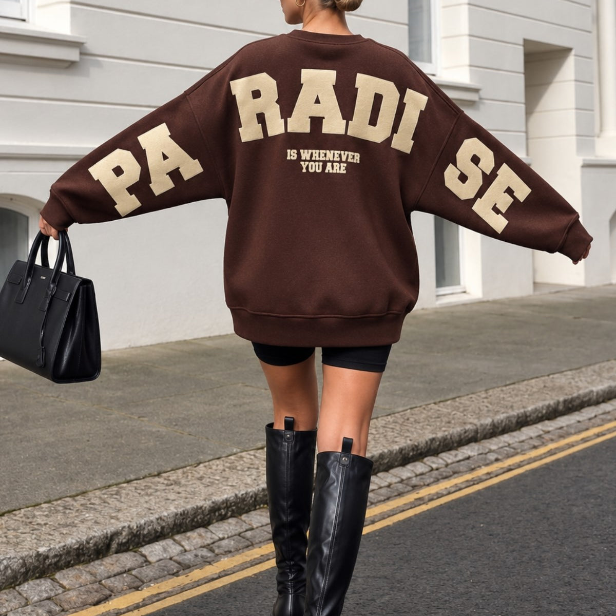 Kadın Oversize Sweatshirt Paradise Varsity Kabartma Baskılı Kahverengi – Bisiklet Yaka, 3 İplik Şardonlu Polar