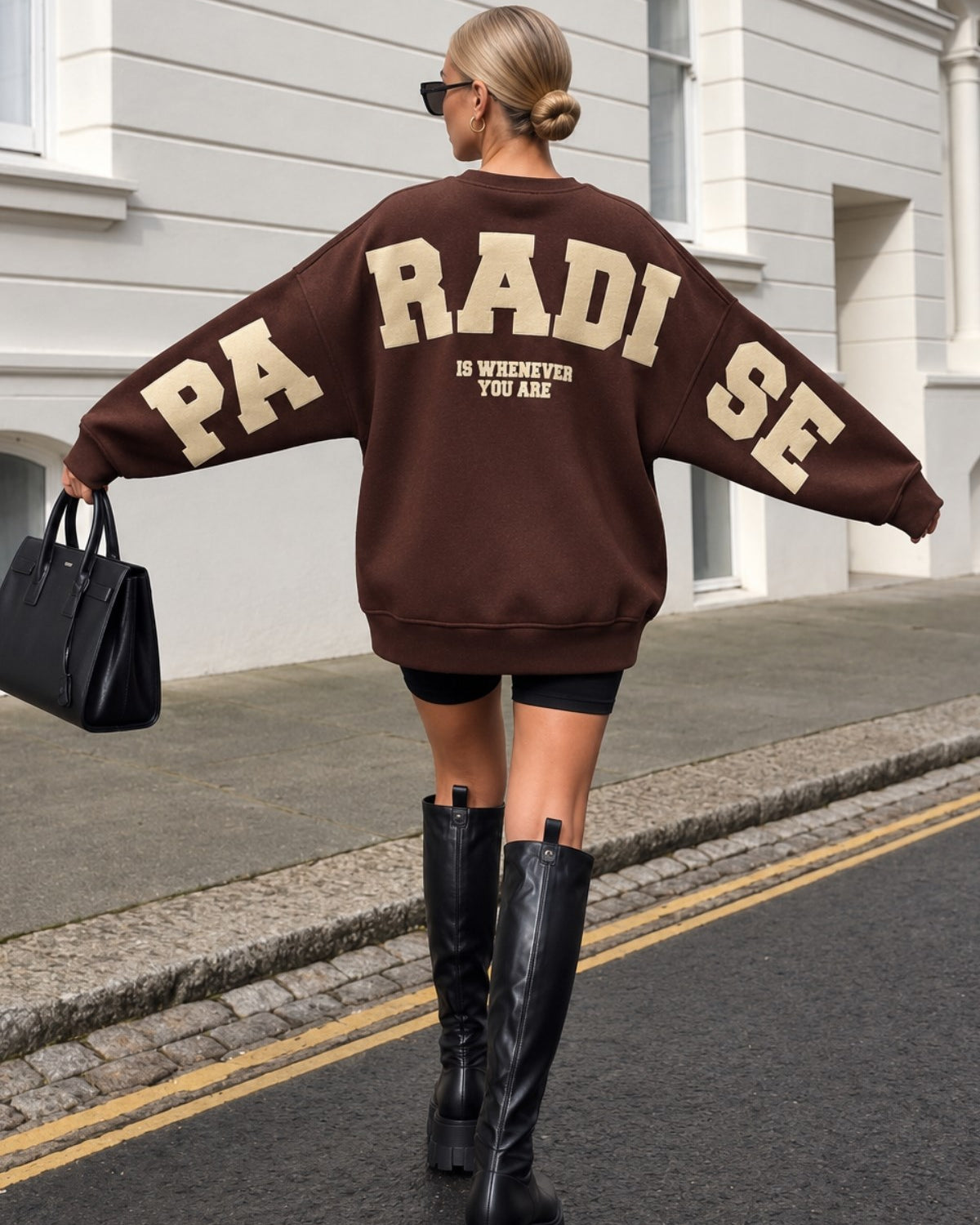 Kadın Oversize Sweatshirt Paradise Varsity Kabartma Baskılı Kahverengi – Bisiklet Yaka, 3 İplik Şardonlu Polar