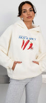 Kadın Oversize Sweatshirt Hoodie Hot & Spicy Baskılı Beyaz – Kapüşonlu, 3 İplik Şardonlu Polar