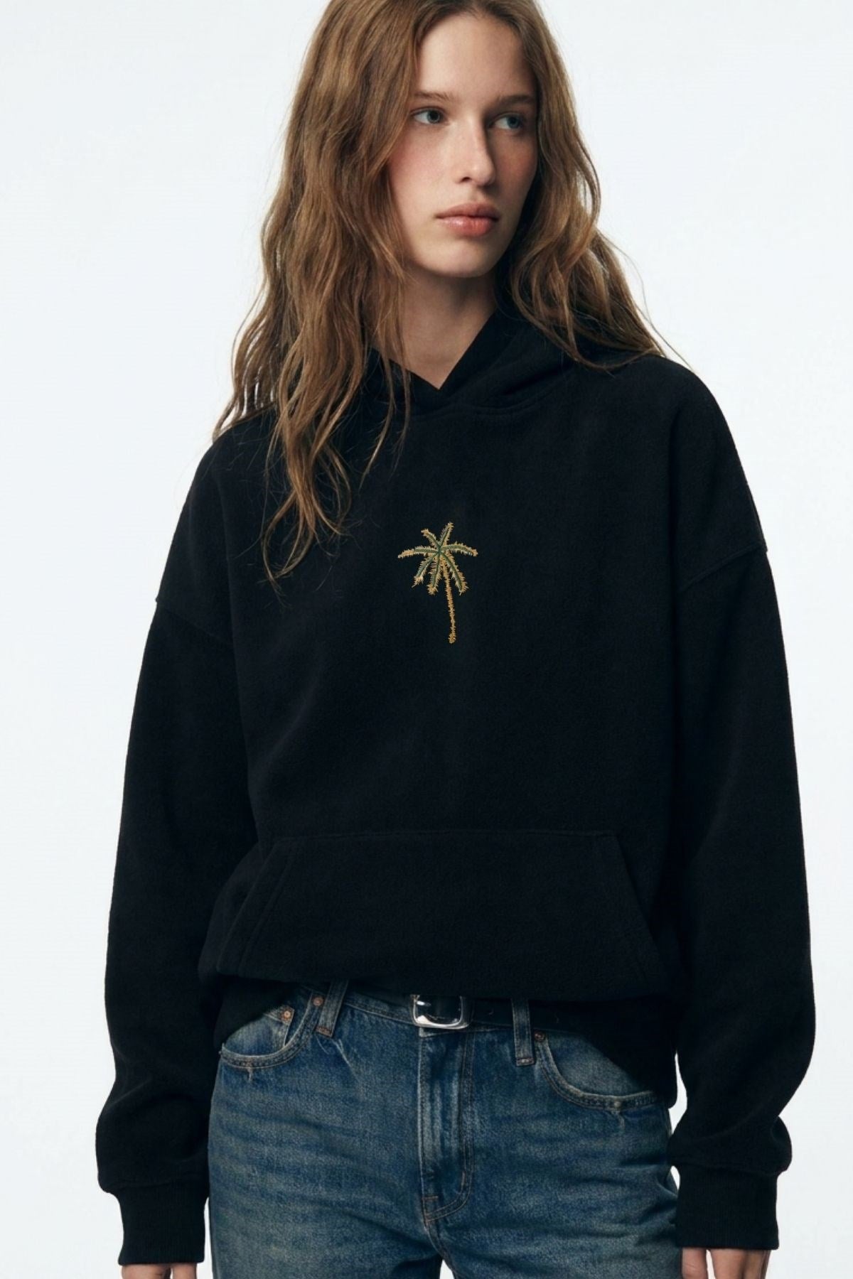 Kadın Oversize Hoodie Palmiye Nakışlı Siyah – Kapüşonlu, Kanguru Cepli, 3 İplik Polar