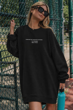 Kadın Oversize Sweatshirt Elbise Perfect Man Baskılı Siyah – Bisiklet Yaka, 3 İplik Şardonlu Polar