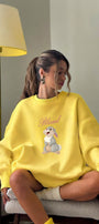 Kadın Oversize Sweatshirt Elbise Blessed Bunny Baskılı Sarı – Bisiklet Yaka, 3 İplik Şardonlu Polar