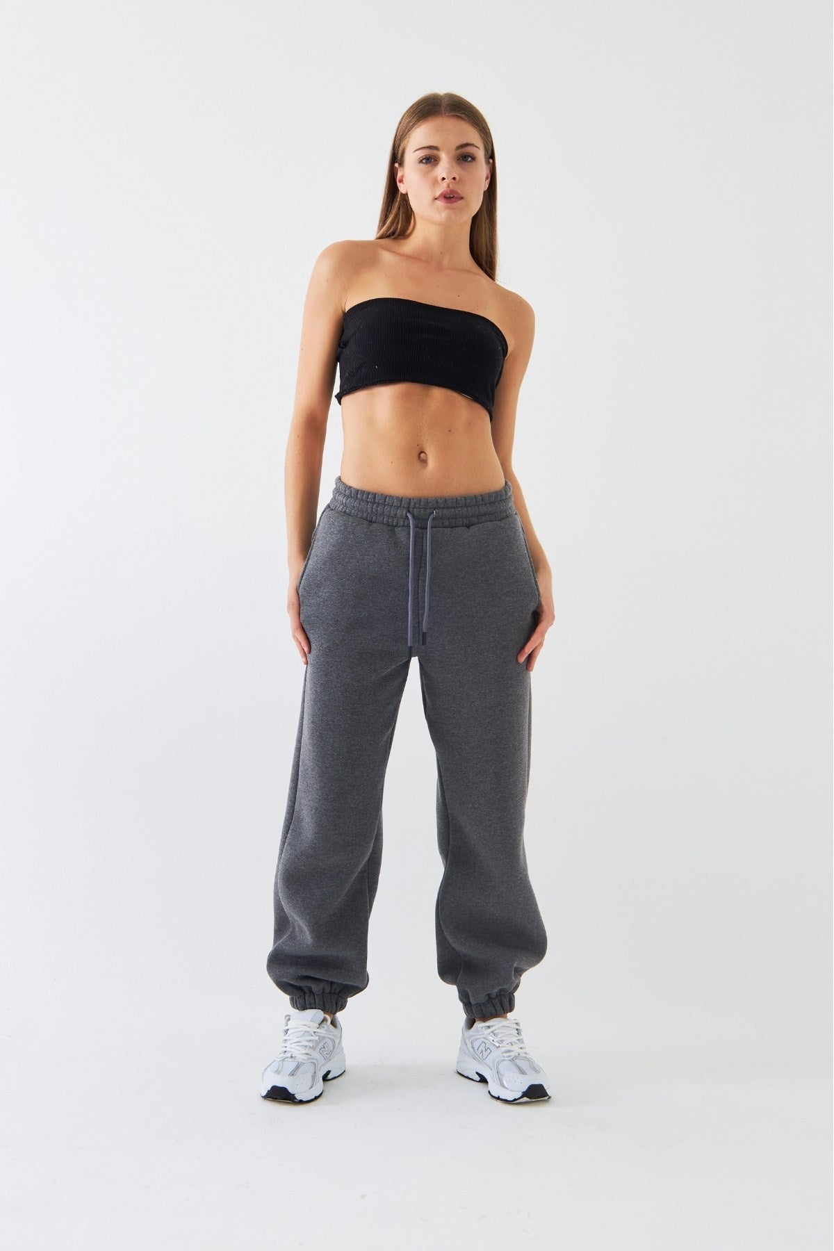 Oversize Unisex Eşofman Altı Füme Melanj – 3 İplik Şardonlu, Paça-Bel Lastikli, Cepli, Rahat Kesim