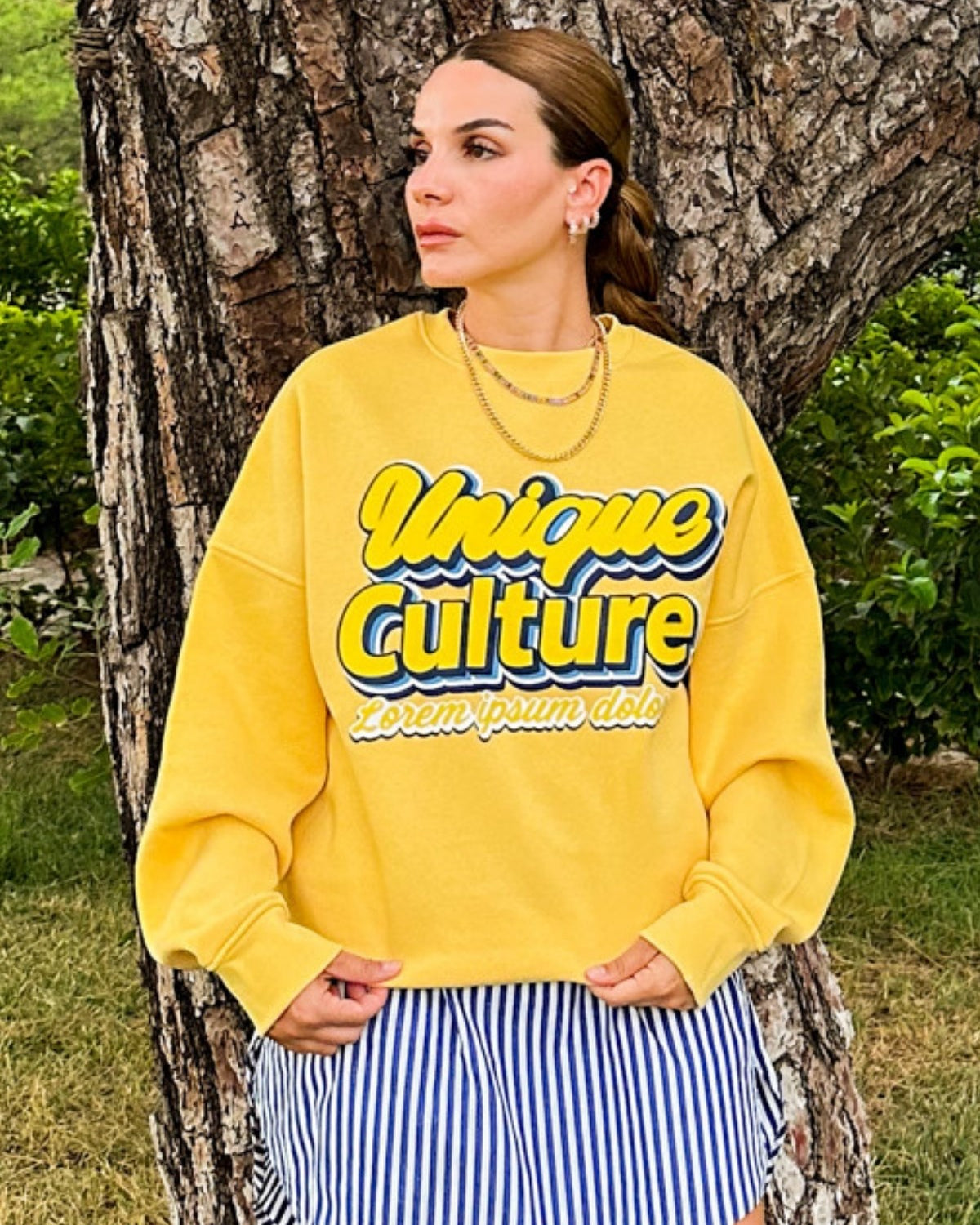 Kadın Oversize Sweatshirt Unique Culture Baskılı Sarı – Bisiklet Yaka, 3 İplik Şardonlu Polar