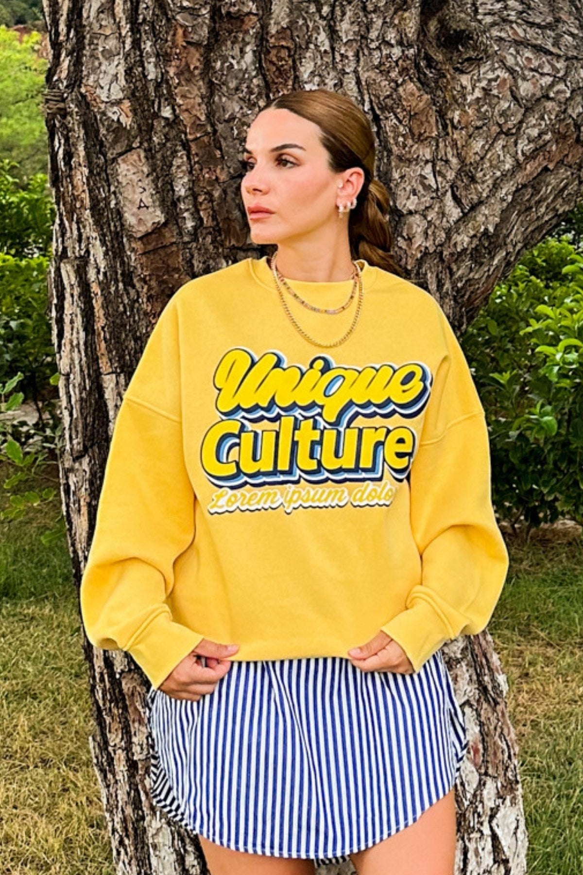 Kadın Oversize Sweatshirt Unique Culture Baskılı Sarı – Bisiklet Yaka, 3 İplik Şardonlu Polar