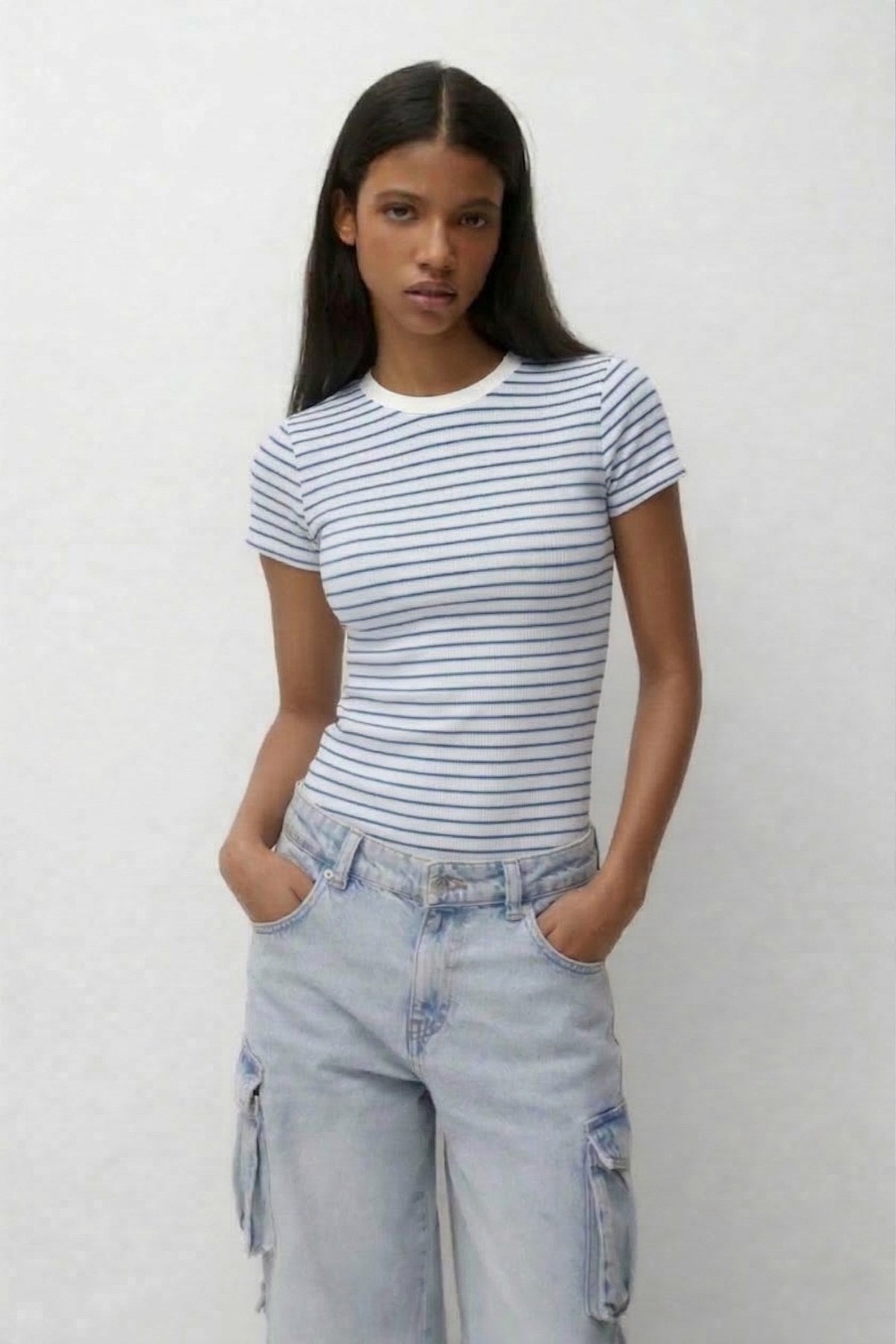 Kadın Çizgili Slim Fit Tişört Marine– Bisiklet Yaka, Kısa Kollu