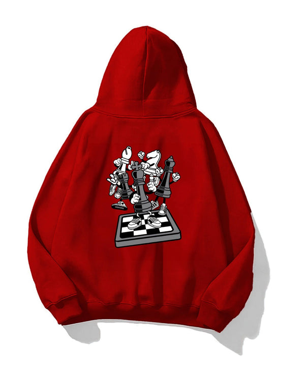 Kapüşonlu İçi Polar Satranç Think Baskılı Kırmızı Unisex Oversize Hoodie Sweatshirt