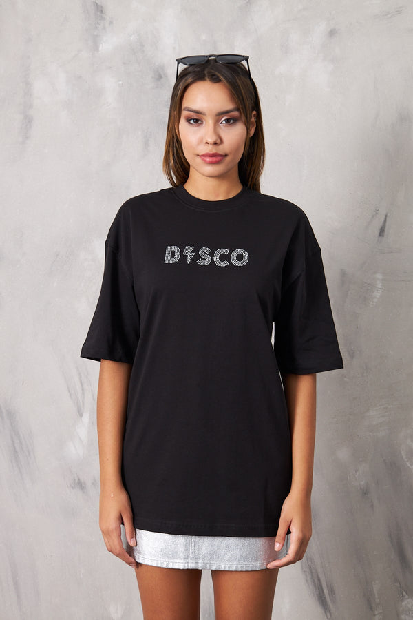 Disco Yazılı Taş Baskılı Siyah Kadın T-Shirt