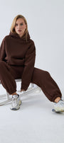  Oversize Unisex Eşofman Takımı Kahverengi – Basic, 3 İplik Polar; Kapüşonlu Üst, Lastikli Alt