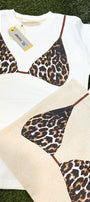 Leopar Desenli Beyaz Oversize Kadın Tişört + Bez Çanta Hediyeli Kombin Set – %100 Pamuk