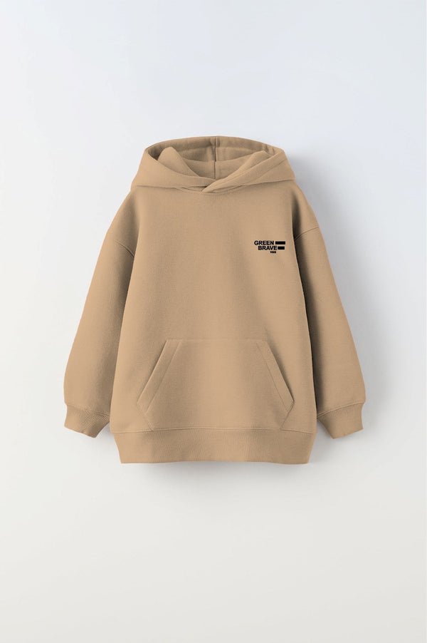 Kapüşonlu İçi Polar Great View Yazı Baskılı Bej Unisex Çocuk Hoodie Sweatshirt