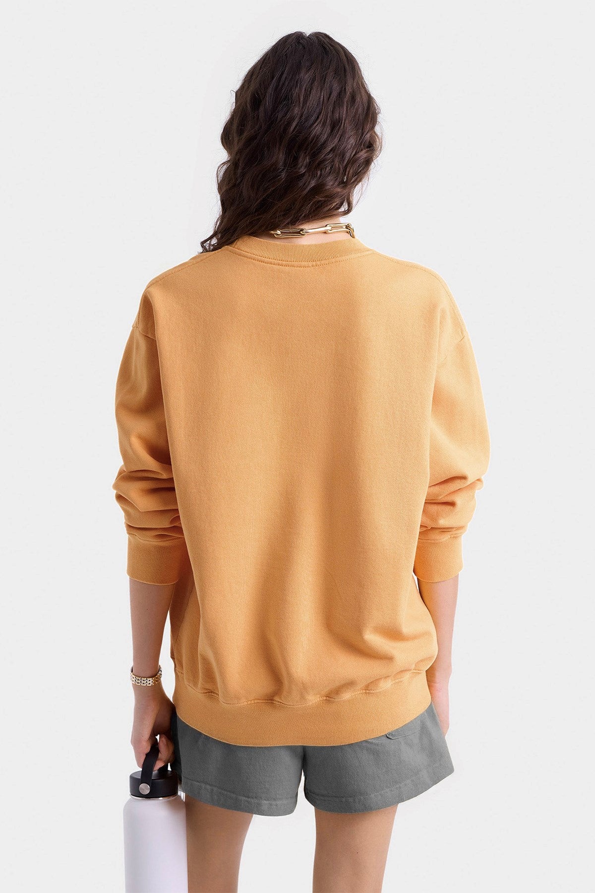 Kadın Oversize Sweatshirt Pembe  Kurdele Baskılı Turuncu – Bisiklet Yaka, 3 İplik Şardonlu Polar